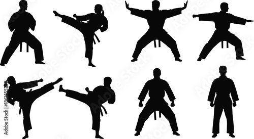 Collection of eight medieval hooded warrior silhouettes wearing robes and armor holding shields swords and various ancient weapons for vector design