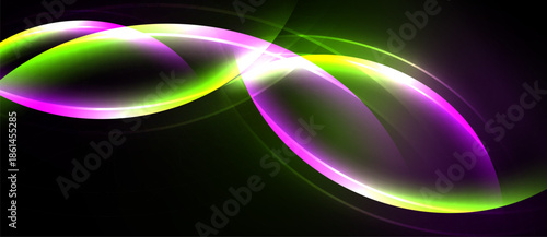 Abstract glowing lines form infinity symbol. Vivid purple, green hues contrast against dark background. Smooth curves create dynamic visual effect.