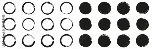 Hand painted circular brush ring shapes. Grunge round frames and solid circles. Abstract vector elements for modern layouts