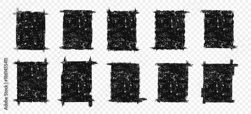 Grunge black paint frames with rough edges. Distressed rectangular borders for posters and backgrounds