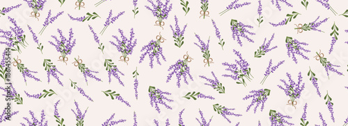 Seamless lavender floral pattern with tied bouquets. Soft botanical background in pastel colors