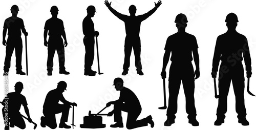 Set of nine construction worker silhouettes wearing hard hats and safety gear holding tools like hammers and shovels for industrial design