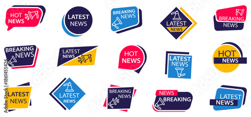 Breaking news and latest news label set with megaphone icons and bold shapes. Bright modern design elements for media and journalism themes