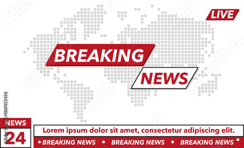 Breaking news banner layout with world map background. Television broadcast graphics for live news reports