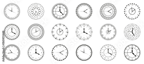 Decorative clock faces collection with roman numerals and ornate frames. Vintage time dials for classic interior