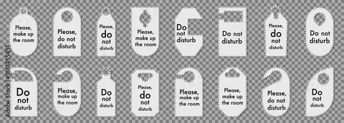 Hotel door hanger tags with do not disturb messages. Blank and text label shapes for hospitality and service use