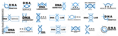 DNA logo collection with laboratory and genetics symbols. Medical science branding elements with helix shapes