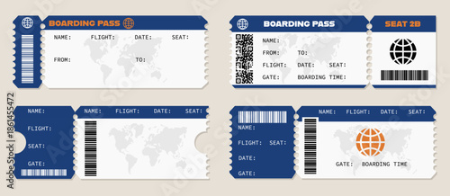 Boarding pass ticket templates for air travel. Flight document layouts with barcode and passenger fields