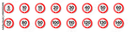 Road speed limit signs with different numbers. Traffic regulation symbols for transportation safety systems
