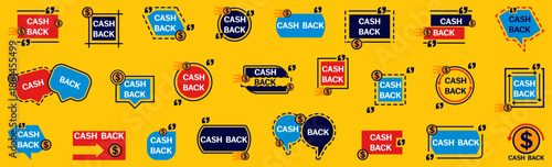 Cash back promotional labels with money symbols. Reward badges for finance marketing and shopping benefits