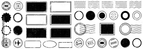 Vintage postal stamp and mail mark collection with distressed textures. Retro black grunge elements for labels and envelopes