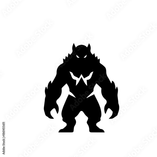 Black silhouette of a muscular monster or beast with sharp claws and fangs