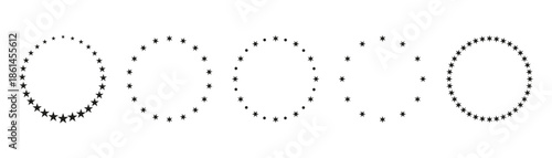 Circular star borders with decorative arrangements. Simple monochrome frames made of stars for badges and emblems
