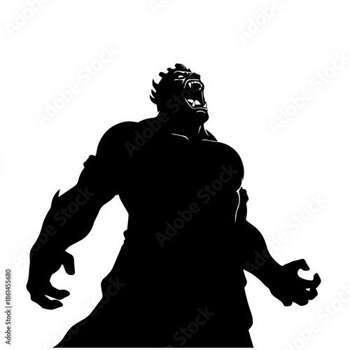 A muscular monster silhouette with an aggressive posture and open mouth