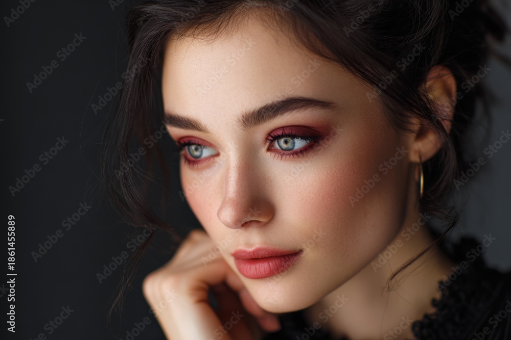 Fototapeta premium Glowing woman showcasing elegant makeup with perfect detailing in a close-up shot with soft lighting and a neutral background