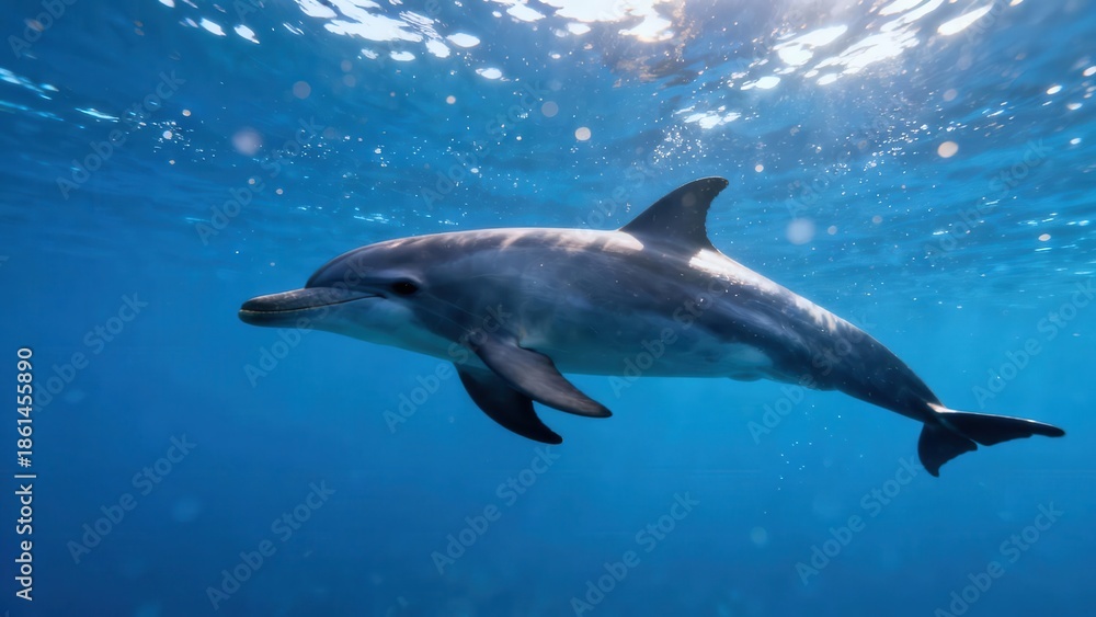 Fototapeta premium Gray common bottlenose dolphin swimming gracefully through clear deep blue ocean water illuminated by bright sun rays.