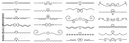 Decorative heart dividers with romantic line ornaments. Elegant separators for wedding invitation and love