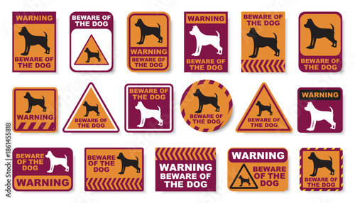 Beware of the dog warning sign collection with silhouettes. Security notice boards in bold contrasting colors