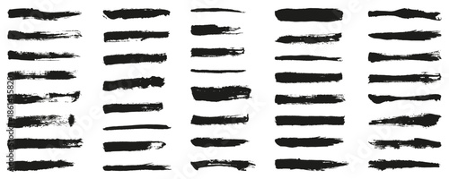 Black grunge brush stroke texture collection. Rough paint marks with dry edges. Expressive vector elements for artistic