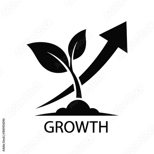 Simple black icon depicting a plant with an upward arrow, representing growth, development, business success, and environmental progress.