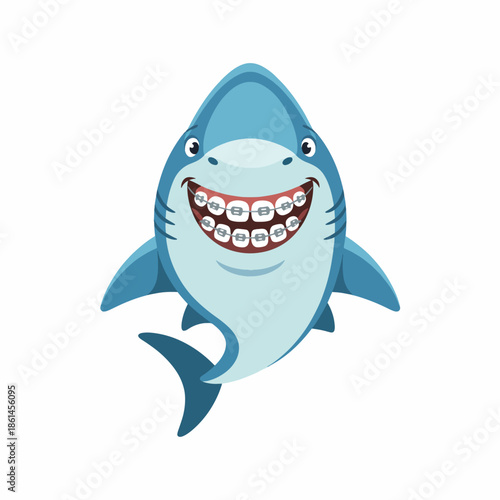 A cheerful cartoon shark with a wide smile and orthodontic braces on its teeth, set against a clean white background in a playful and surreal illustration.