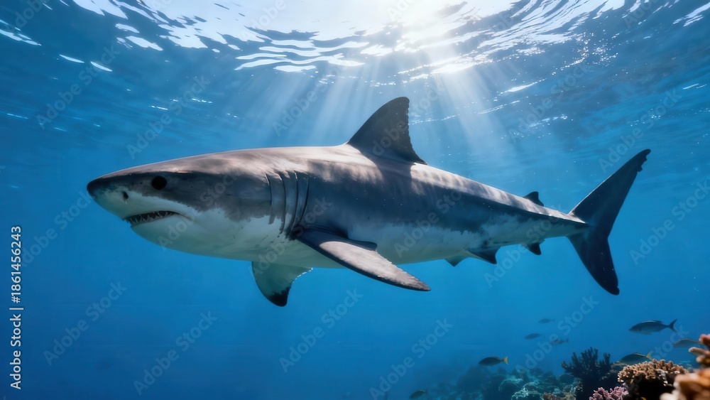 Fototapeta premium Apex Great White Shark marine predator swimming in deep blue open water with sunlight streaming through the surface ripples.