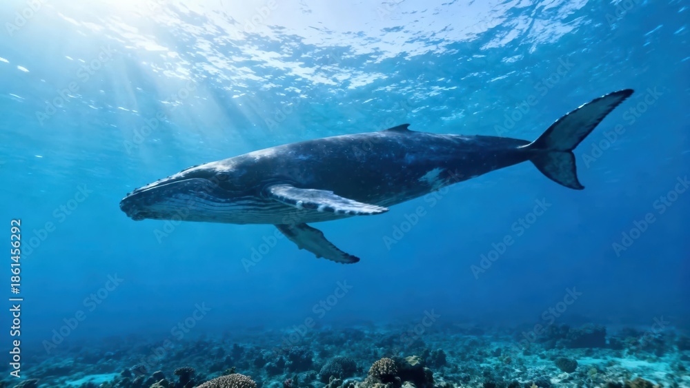 Obraz premium Majestic Humpback whale swimming deeply in the blue ocean water with bright sunlight beams.