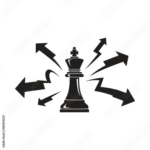 Strategic chess king icon with arrows symbolizing leadership, critical decisions, multiple business options, and future direction planning.