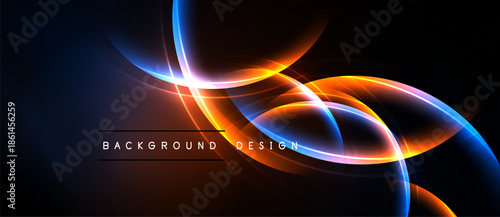 Abstract neon lines create dynamic flow. Bright orange, blue hues contrast dark background. Modern design element.