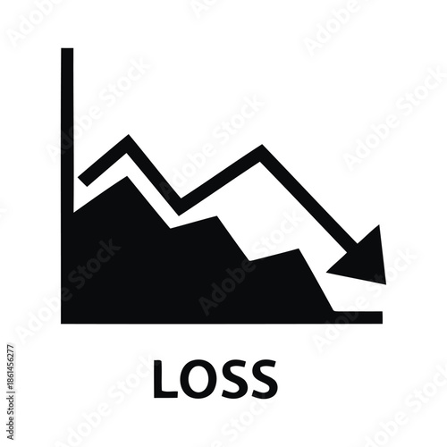 Abstract minimalist icon representing financial loss, recession, or negative trend with a descending graph and an arrow.