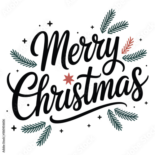 Festive Merry christmas design with pine branches and red star decorative holiday season greeting card xmas background celebration winter