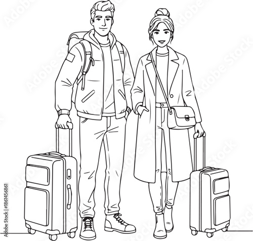 Bold line drawing of traveling couple standing with luggage baggage on white background