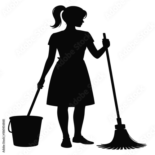 Illustration of woman cleaning using mop and bucket depicting housework chores maintenance hygiene service cleanup cleanliness and domestic work routine