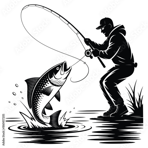 Silhouette of fisherman catches big fish jumping out of water angling sport fishing activity outdoor recreation hobby freshwater wildlife nature