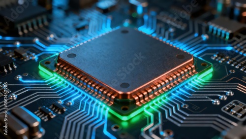 Central processing unit microchip mounted on a dark printed circuit board illuminated by electric blue and neon green traces.