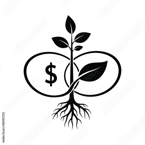 Icon depicting sustainable financial growth, combining a dollar sign, growing plant, and infinity symbol for green economy and eco-friendly investment.