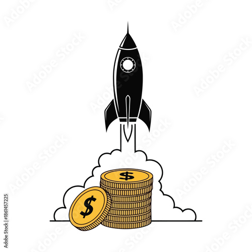 Black rocket launching from gold dollar coins, symbolizing fast financial growth, successful business startup, and rapid monetary increase.