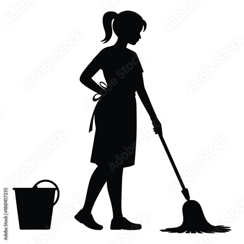 Silhouette of Woman Mopping the Floor with Bucket and Mop Symbolizing Cleaning and Housework Ideal for Home Maintenance and Service Industry Imagery