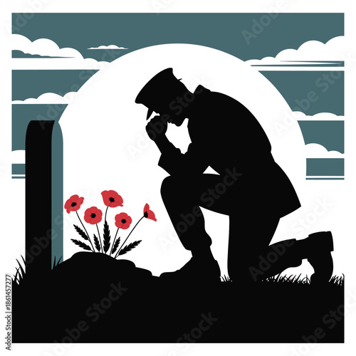 Silhouette of soldier kneeling at grave with poppies against sky remembering fallen heroes honoring service remembering sacrifice and recognizing valor