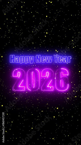 2026 New Year Celebration Background with Blue and Pink Neon Lights and Golden Confetti.Happy New Year 2026 Glowing Neon Text Animation with Particles on Black Background