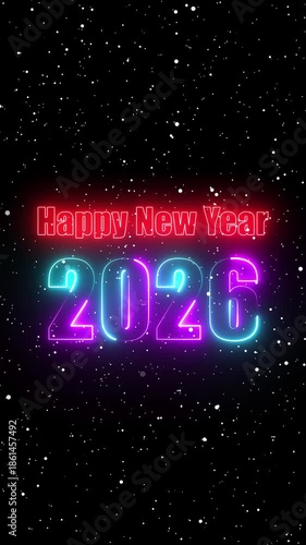 2026 New Year Celebration Background with Blue and Pink Neon Lights and white Confetti .Happy New Year 2026 Glowing Neon Text Animation with Particles on Black Background