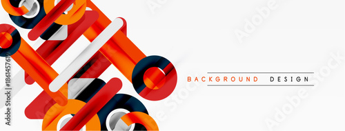 Abstract geometric shapes overlap, creating dynamic composition. Red, white, orange hues dominate design. Minimalist style.