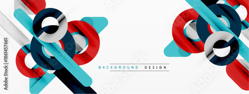 Abstract geometric shapes overlap, creating dynamic visual effect. Red, blue, silver tones dominate composition. Modern design element.