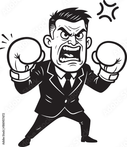 Bold line caricature angry businessman wearing boxing gloves conflict stress concept