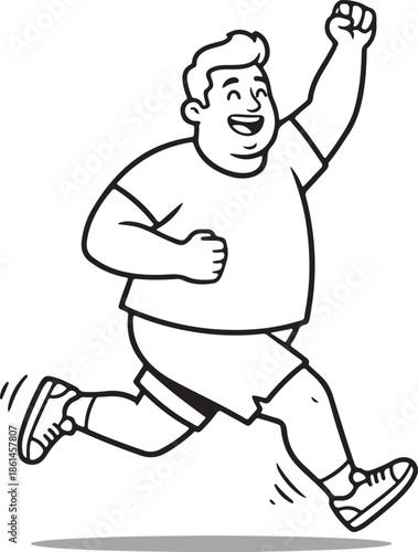 Bold line illustration of happy oversize man running cheering body positivity concept