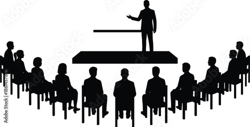 Business presentation silhouette illustration, speaker addressing audience, conference seminar meeting concept, leadership public speaking, vector black people icons