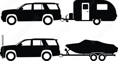 Car towing trailer silhouettes with SUV camper caravan boat transport, isolated white background vehicle illustration vector set collection travel icons