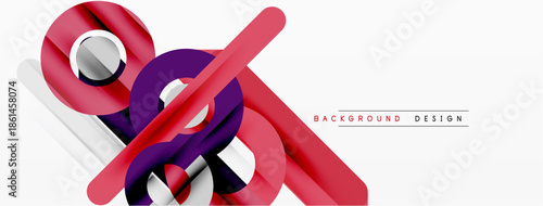 Abstract geometric shapes overlap, creating dynamic composition. Red, purple, silver hues dominate clean white backdrop. Modern design element.