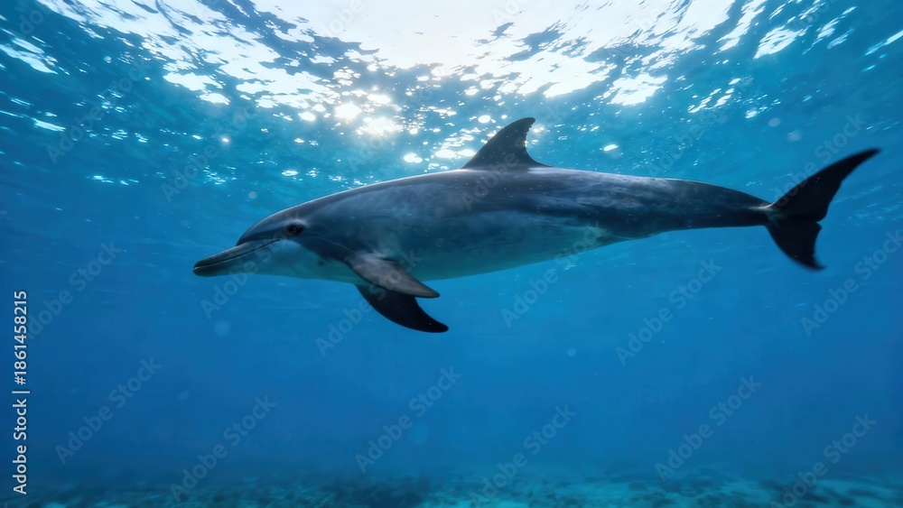 Naklejka premium Bottlenose dolphin swimming horizontally through deep blue ocean water with sun rays beaming down from the surface.