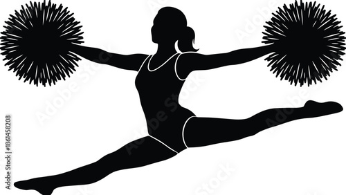 Cheerleader silhouette jumping with pom poms, female sports dance performance, athletic fitness action pose, isolated black vector illustration